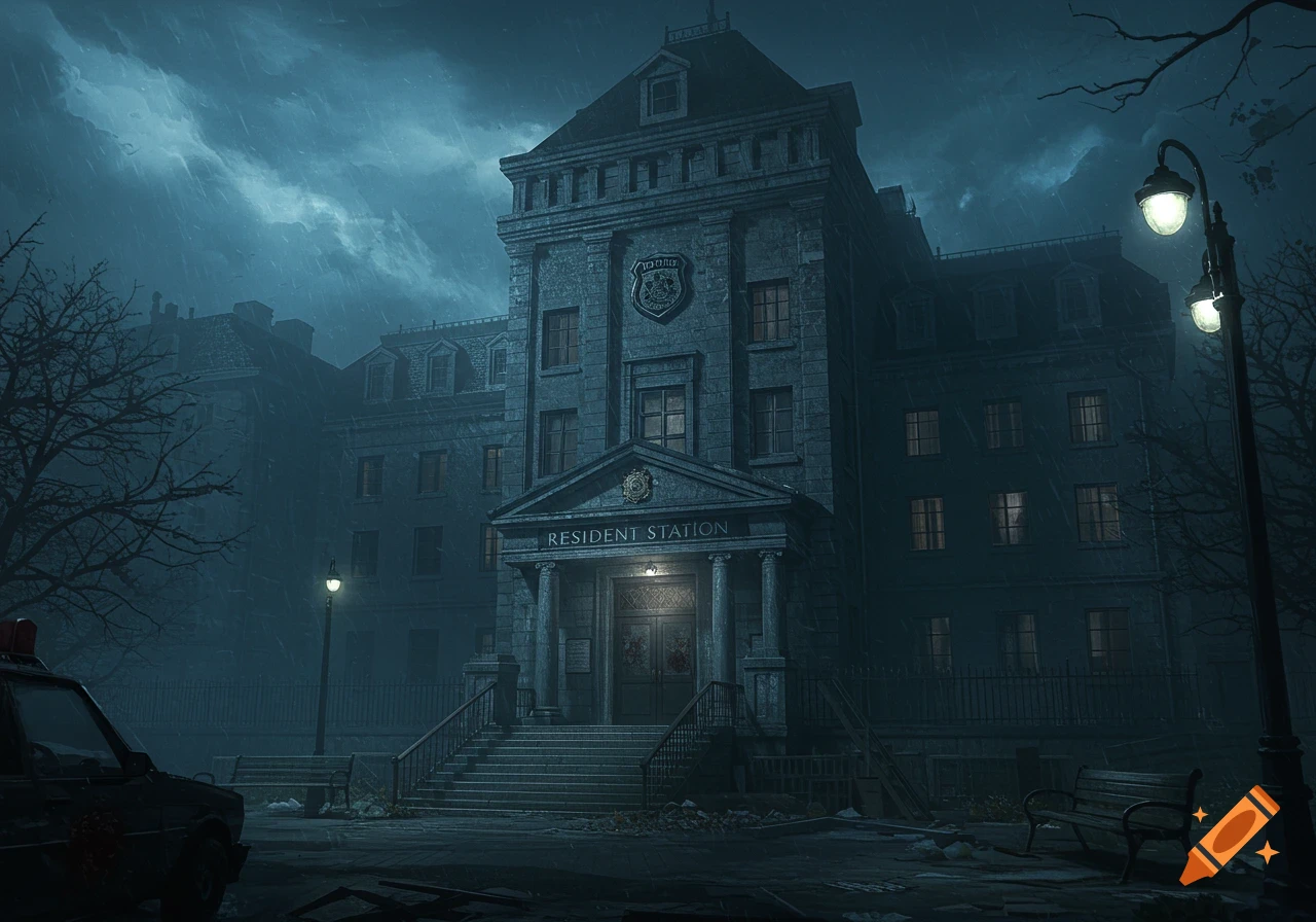 Dark gothic police station on a stormy night with bare trees and a police car in a video game style.