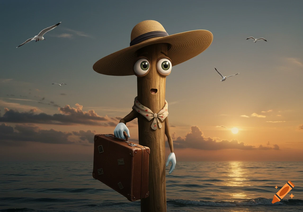 A 3D cartoon wooden stick figure with big eyes, straw hat, and scarf holds a suitcase by the ocean at sunset.