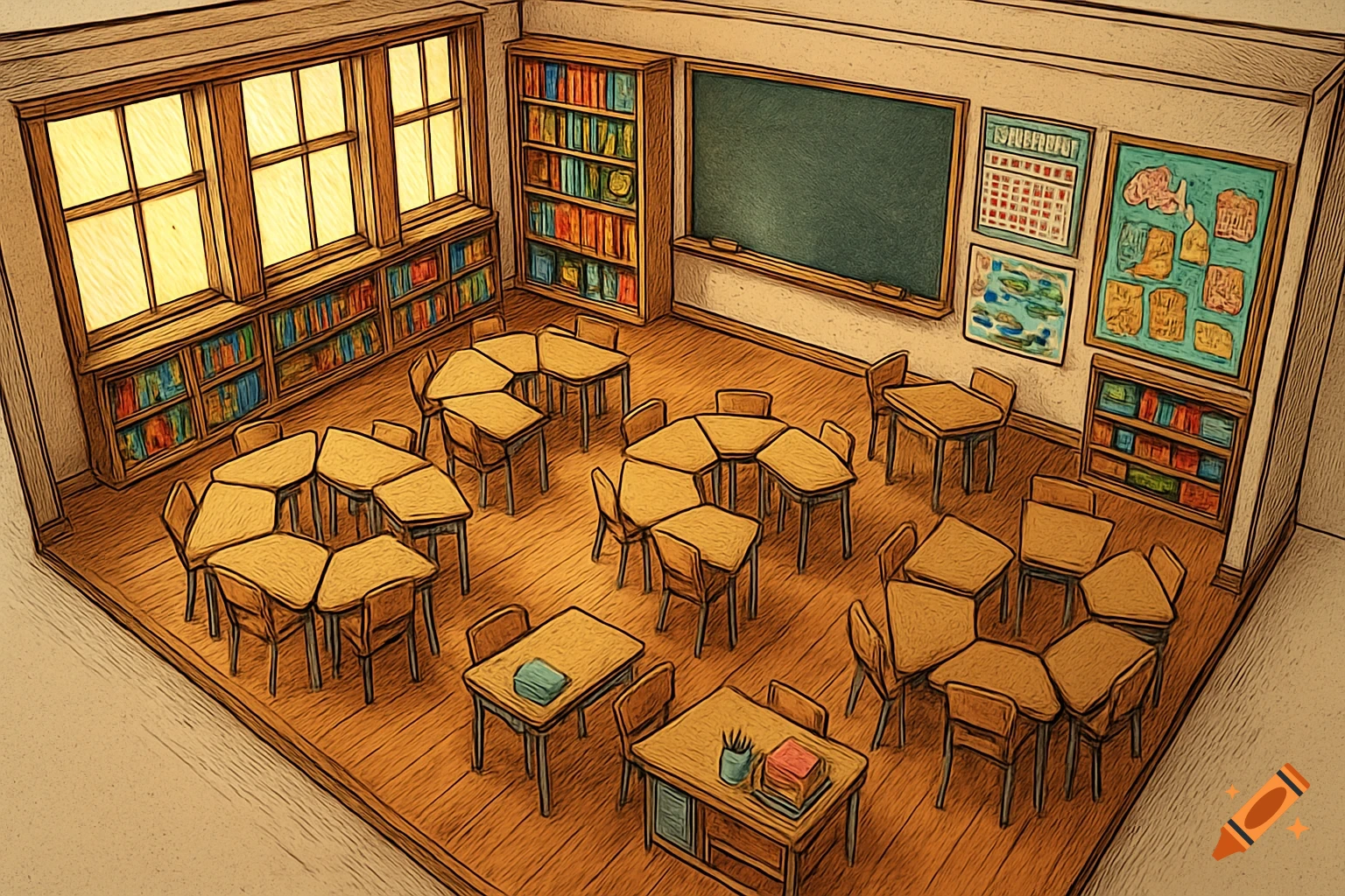 Cartoon classroom from an aerial view, with windows, bookshelves, a blackboard, and hexagonal student desks arranged in islands.