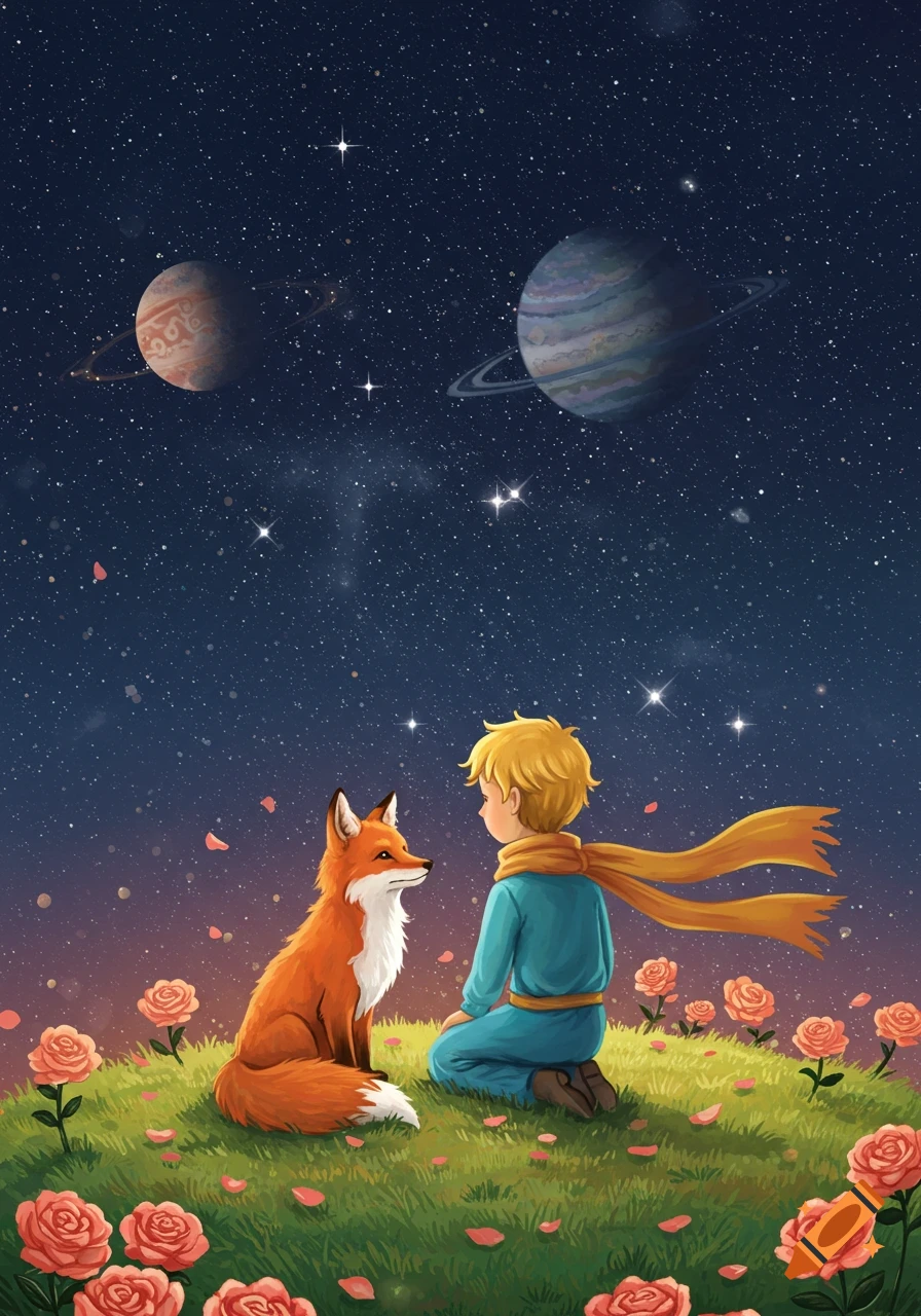 An illustration of The Little Prince kneeling next to a fox on a grassy planet with roses, under a starry night sky with two ringed planets.
