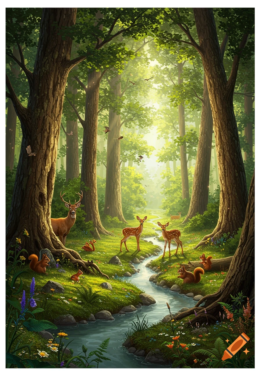 A vibrant, lush forest scene with a winding stream, a large deer, two fawns, squirrels, and birds among tall trees.