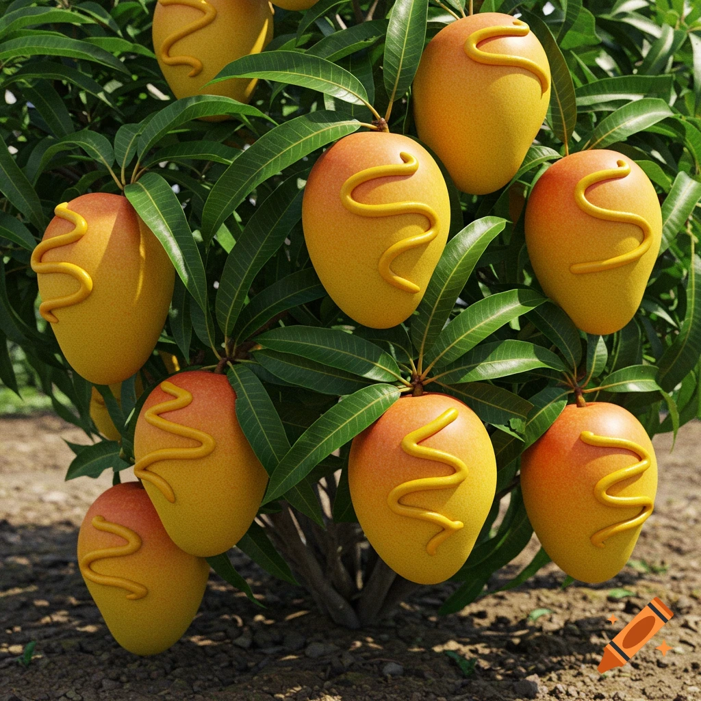 Photorealistic image of ripe mangoes with yellow mustard drizzled on them, hanging on a green-leafed bush.