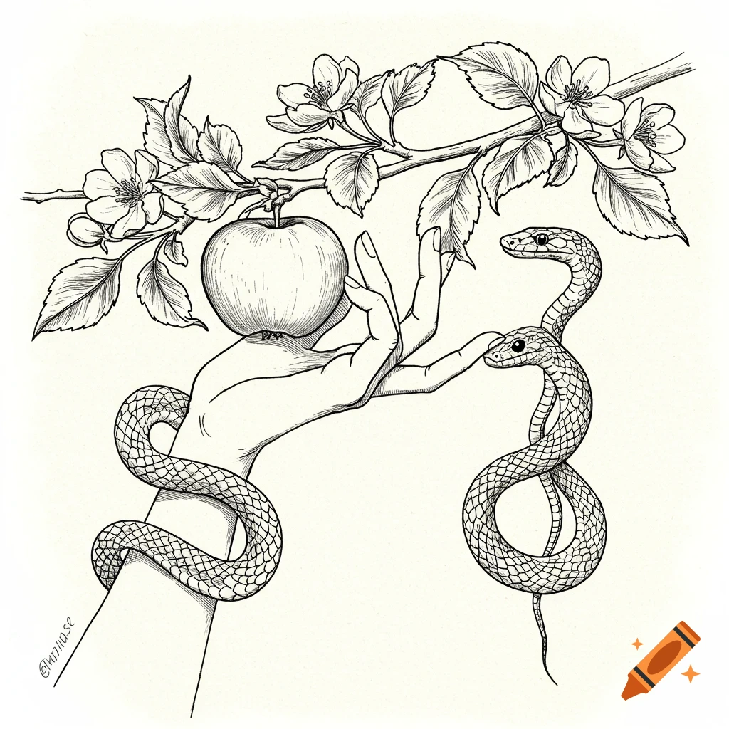Black and white line art of a hand holding an apple, with two snakes entwined around the arm and branch of an apple tree.