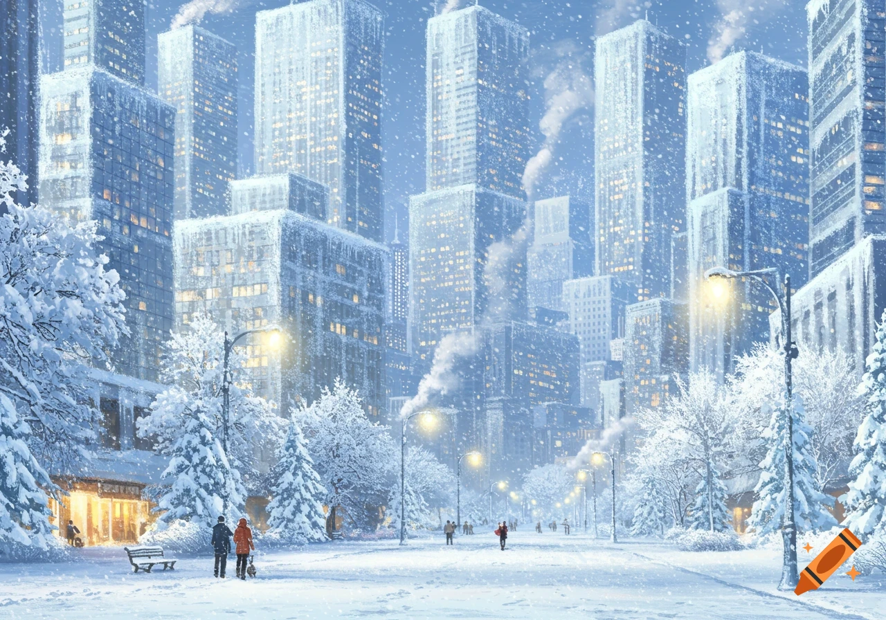 Snow falls on a city street lined with tall, frosted buildings, snow-laden trees, glowing streetlights, and walking pedestrians.