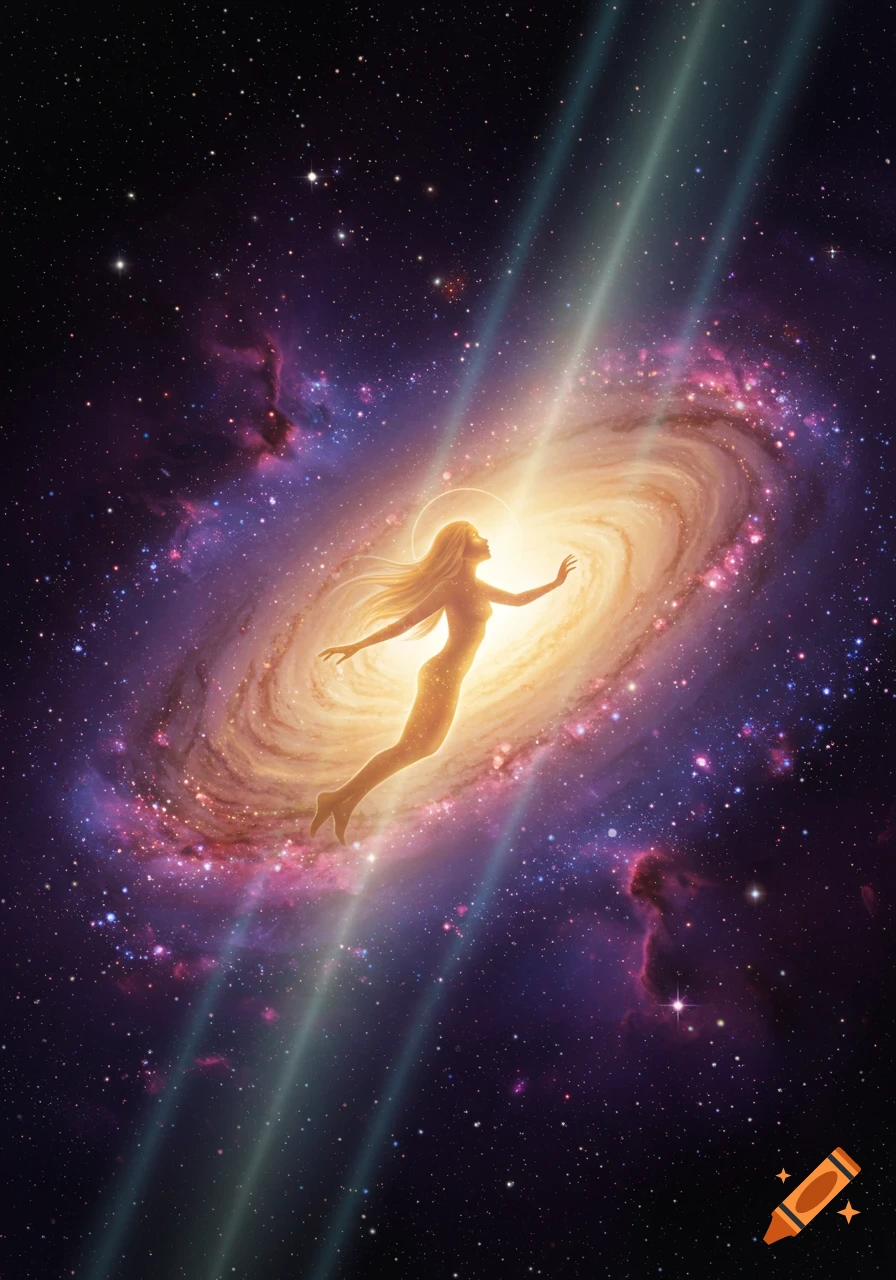 A luminous, stylized female figure with long hair and a halo floats in a vibrant spiral galaxy surrounded by stars and light beams.