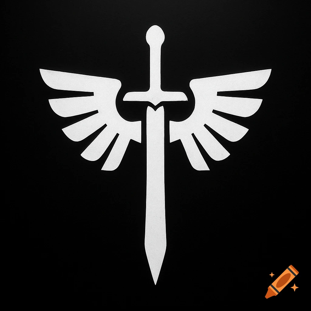 A minimalist white winged sword symbol on a black background, representing the Dark Angels from Warhammer 40k.