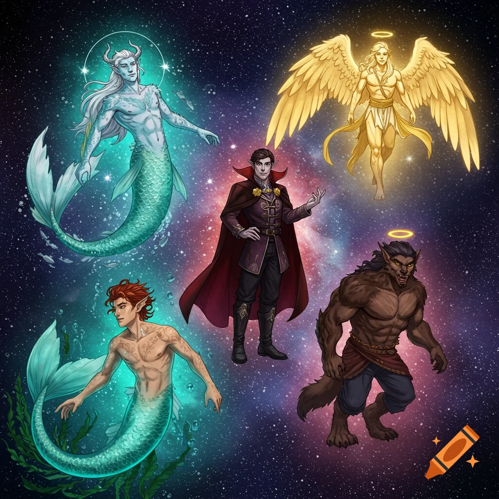 Illustration of five fantasy creatures, including two merfolk, a vampire, an angel, and a werewolf, against a cosmic starry background.