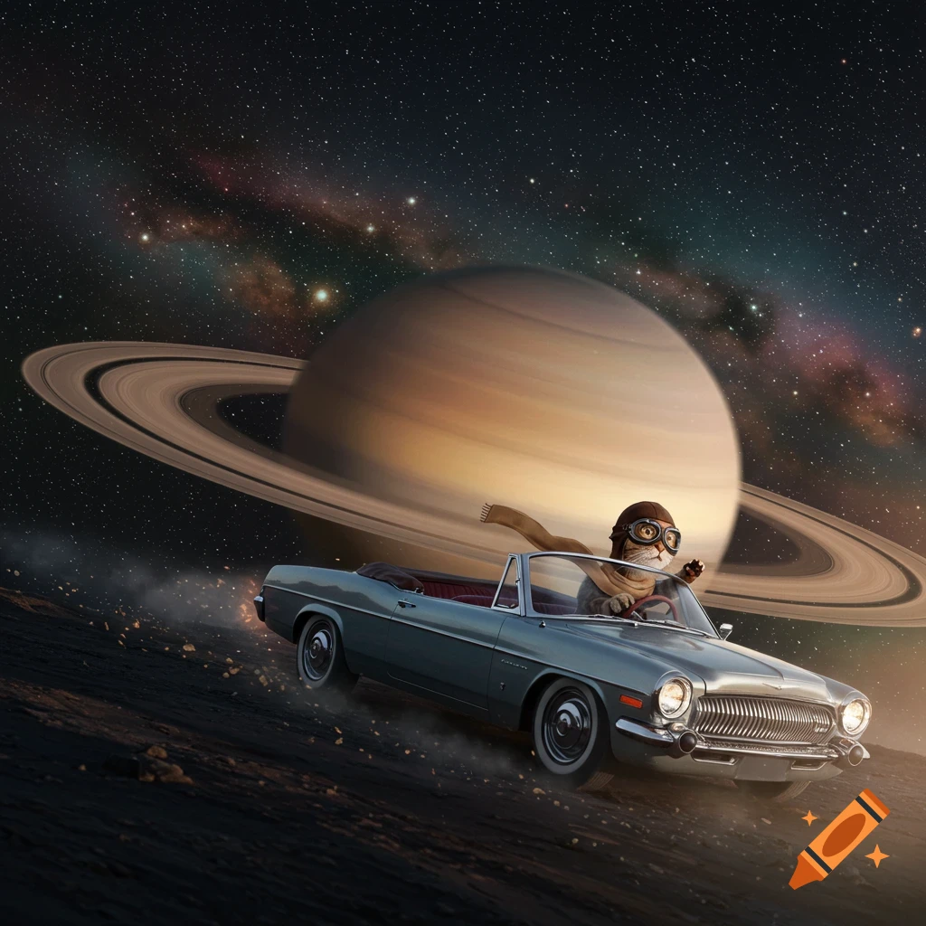 A cat in aviator goggles and a scarf drives a vintage car on a rocky celestial body with Saturn and its rings dominating the starry background.
