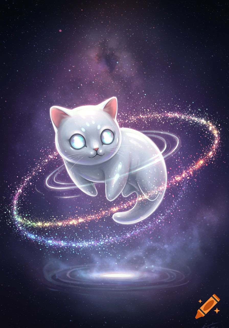 A whimsical white cat with glowing eyes floats in starry space, encircled by colorful sparkling rings, digital illustration.
