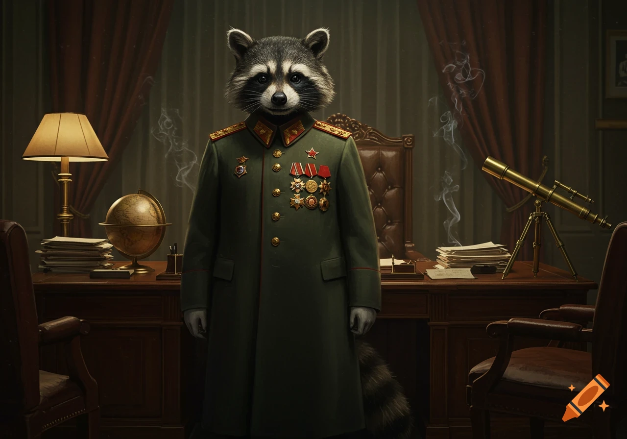 A raccoon in a detailed green military uniform adorned with medals stands behind a large wooden desk with a lamp, globe, and telescope.