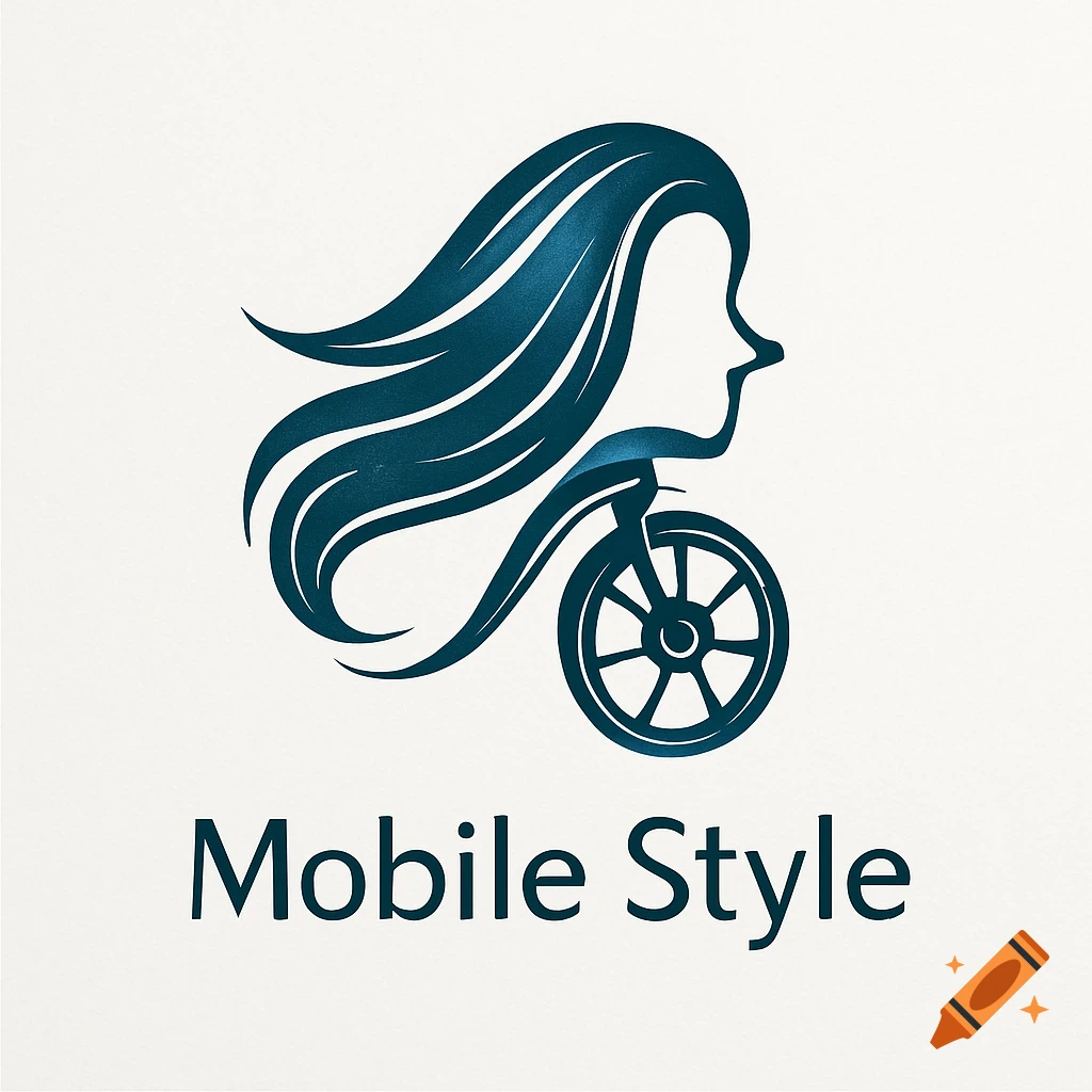 A blue and white logo features a woman's profile with flowing hair intertwined with a bicycle wheel, above the words 'Mobile Style'.