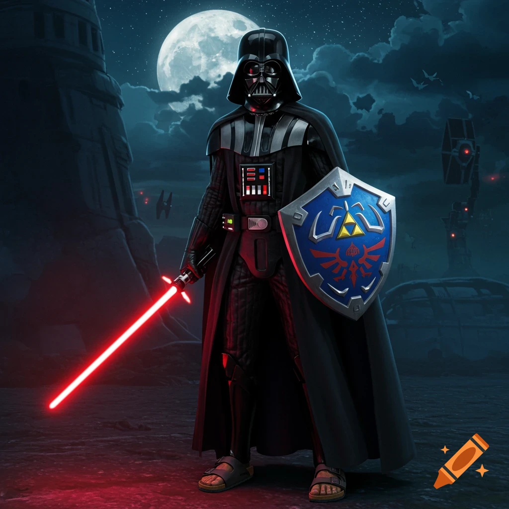 Darth Vader in Birkenstock sandals holds a lightsaber and Link's shield on a moonlit alien world.