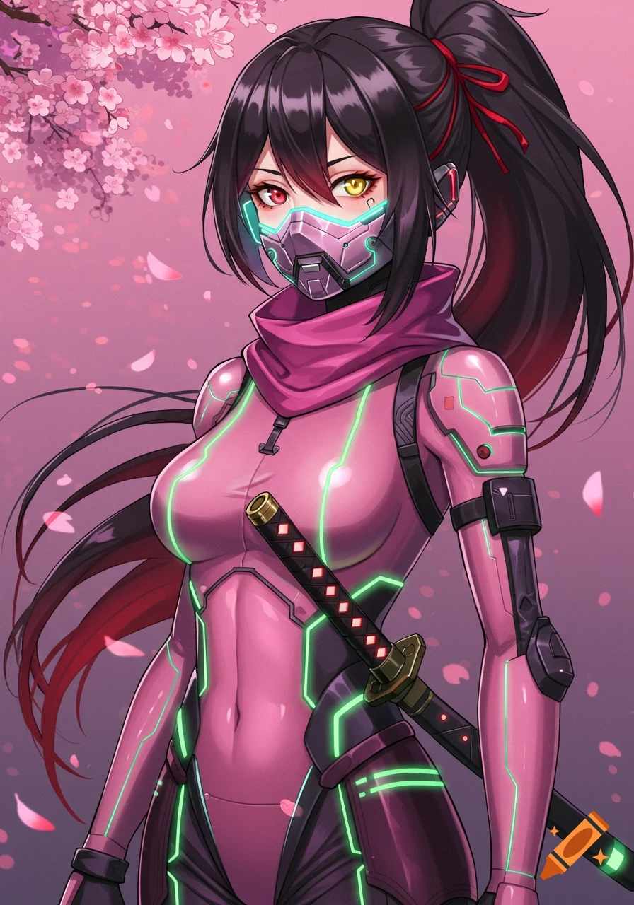An anime cyber-ninja woman with a glowing pink and black suit, futuristic mask, and heterochromia eyes stands under pink cherry blossoms.