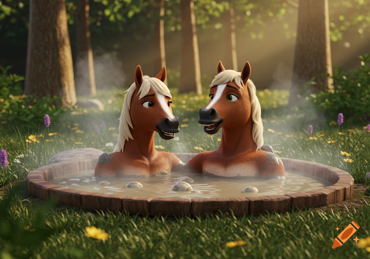 Two anthropomorphic animated horses relax in a steaming wooden hot tub in a sunny forest.