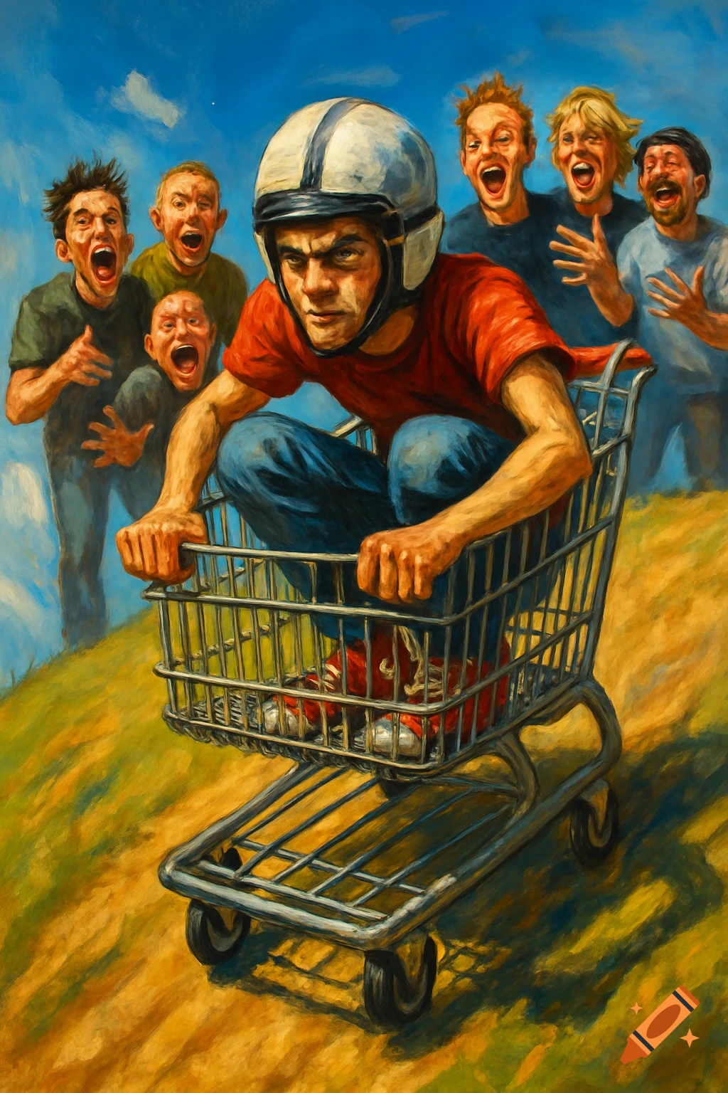 Man in helmet in a shopping cart speeds down a grassy hill, followed by five laughing men, painted in a vibrant, expressive style.