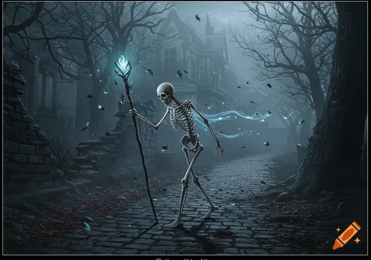 A skeleton walks down a cobblestone path, holding a glowing staff, in a misty, dark forest with a haunted house in the background.