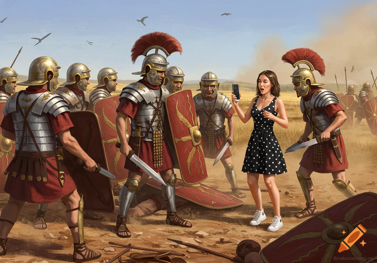 A modern woman in a polka dot dress holds a smartphone, chatting among surprised Roman legionaries on a dusty battlefield, digital painting.