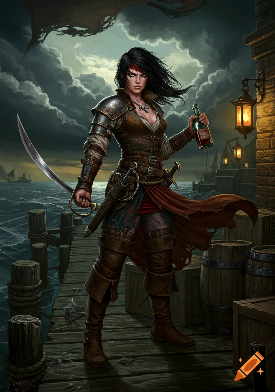 A tough female pirate with a sword and liquor bottle stands on a medieval dock under stormy skies, in a dark fantasy painting style.