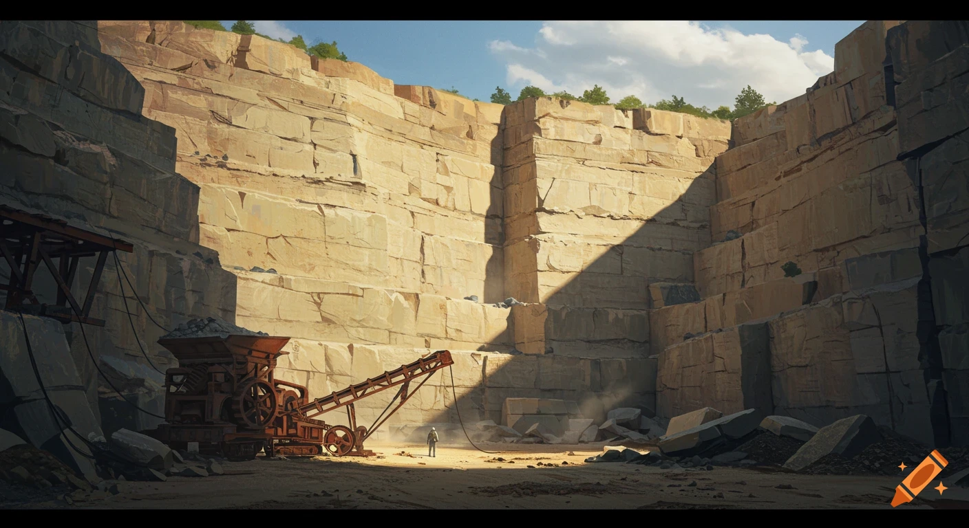 Wide-angle view of a large stone quarry with layered rock walls, industrial machinery, and a small figure on the sunny ground.
