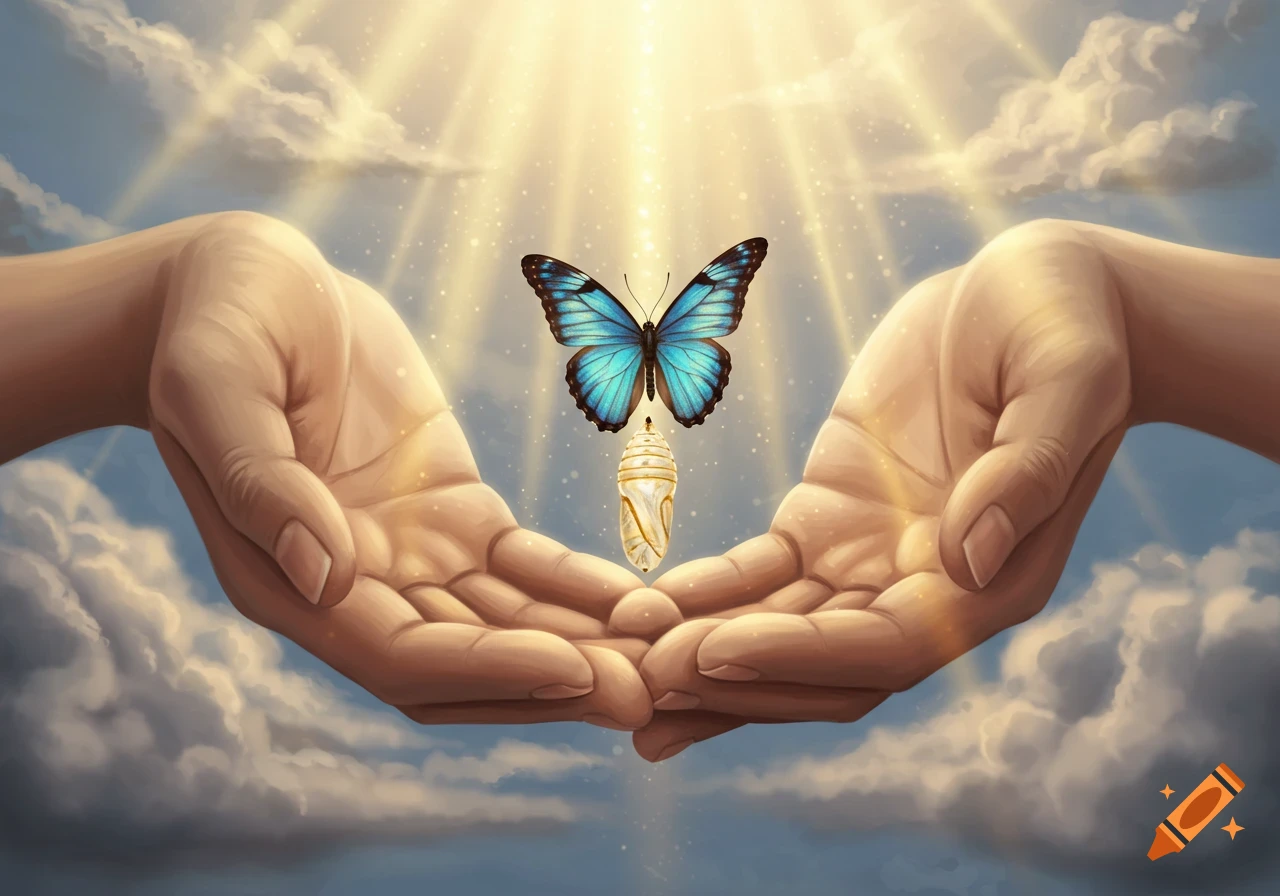 Cupped hands present a chrysalis with a blue butterfly above, bathed in radiant light against a cloudy sky. Digital art.