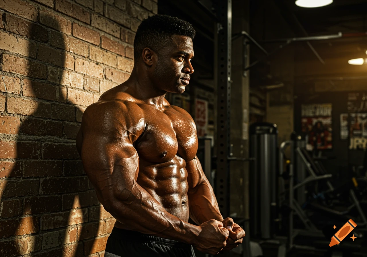Photorealistic portrait of a muscular Black bodybuilder posing in a gym, sweat glistening on his skin under dramatic lighting.