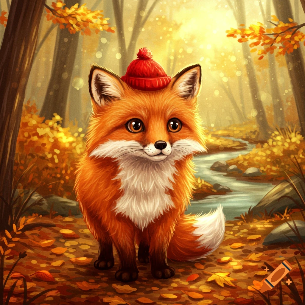 A cute, fluffy fox with big eyes and a red hat stands in an autumn forest with falling leaves and a stream.