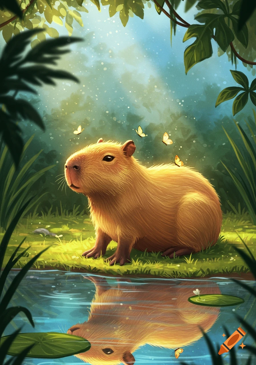 A cute capybara sits by a pond in a lush, sunlit forest with butterflies, in an illustrative style.