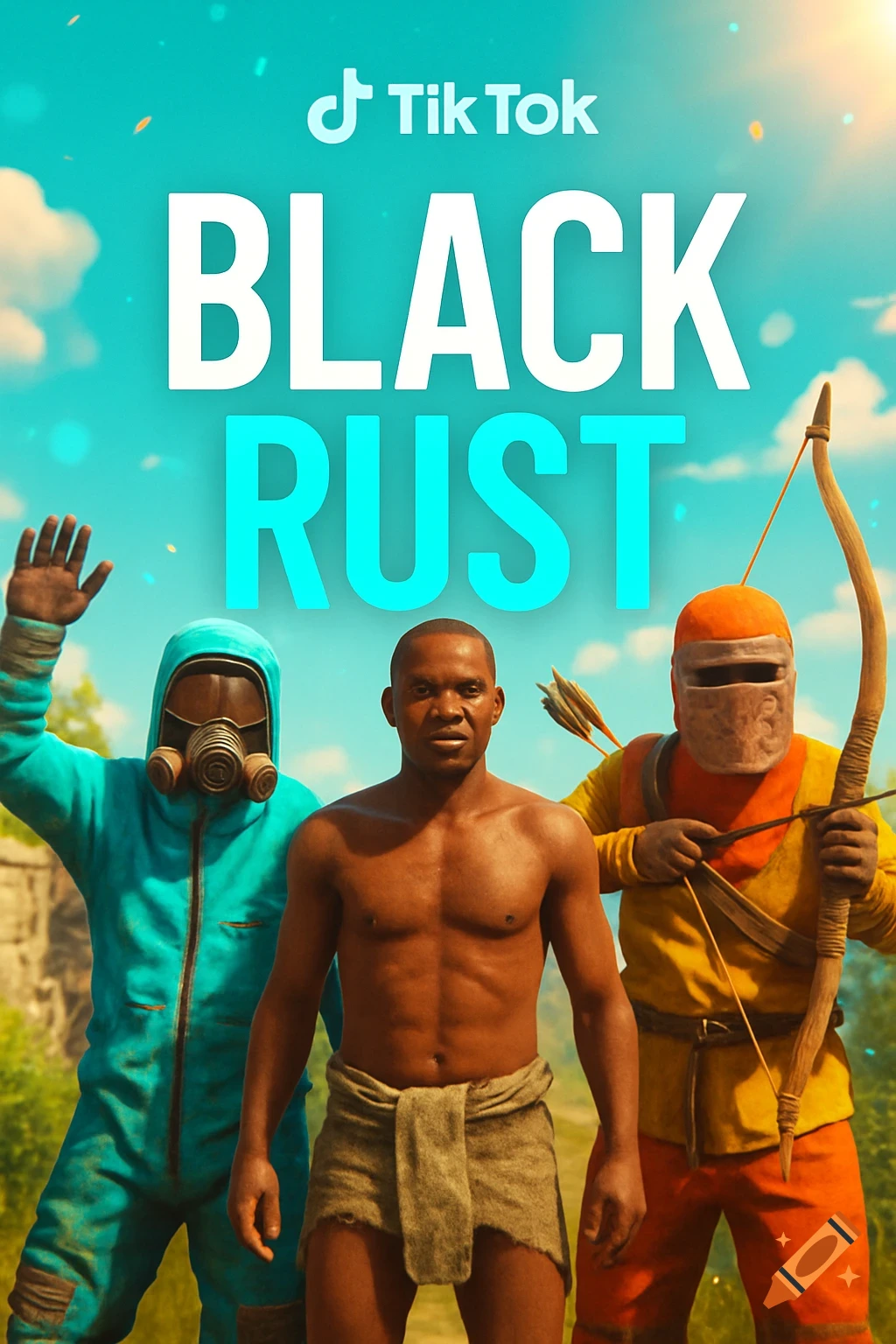 A promotional banner for 'Black Rust' with three video game characters (a gas-masked figure, a shirtless man, an archer) under a bright blue sky, with the TikTok logo.