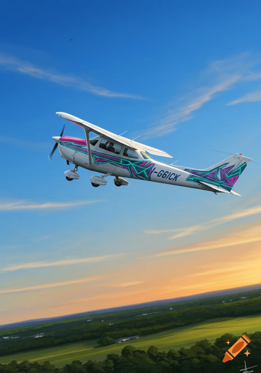A painted Cessna 172 airplane with colorful geometric patterns flying against a blue sky over a green landscape.
