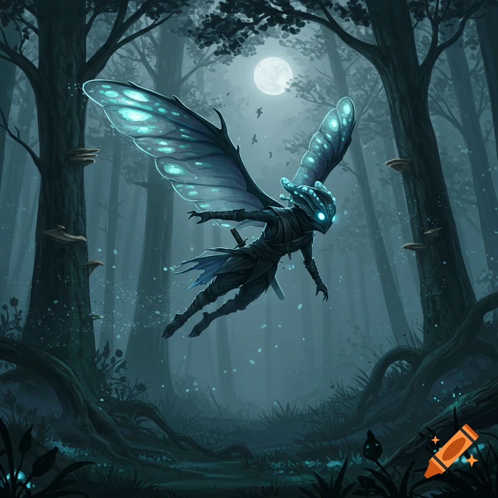 A ninja-like creature with large, glowing blue wings and a helmeted head flies through a dark, misty forest under a full moon.