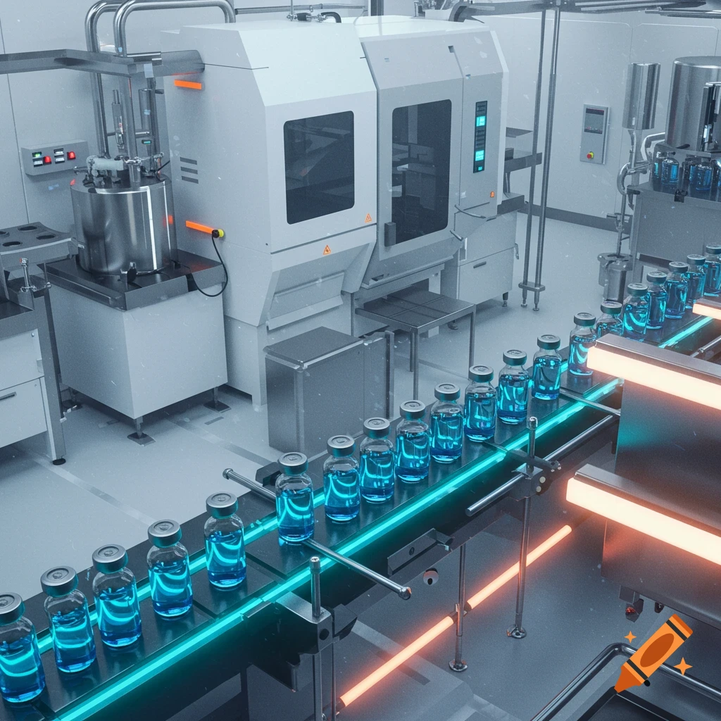 Overhead view of a pharmaceutical production line with blue liquid vials on a neon conveyor belt in a clean, high-tech factory, digital art.
