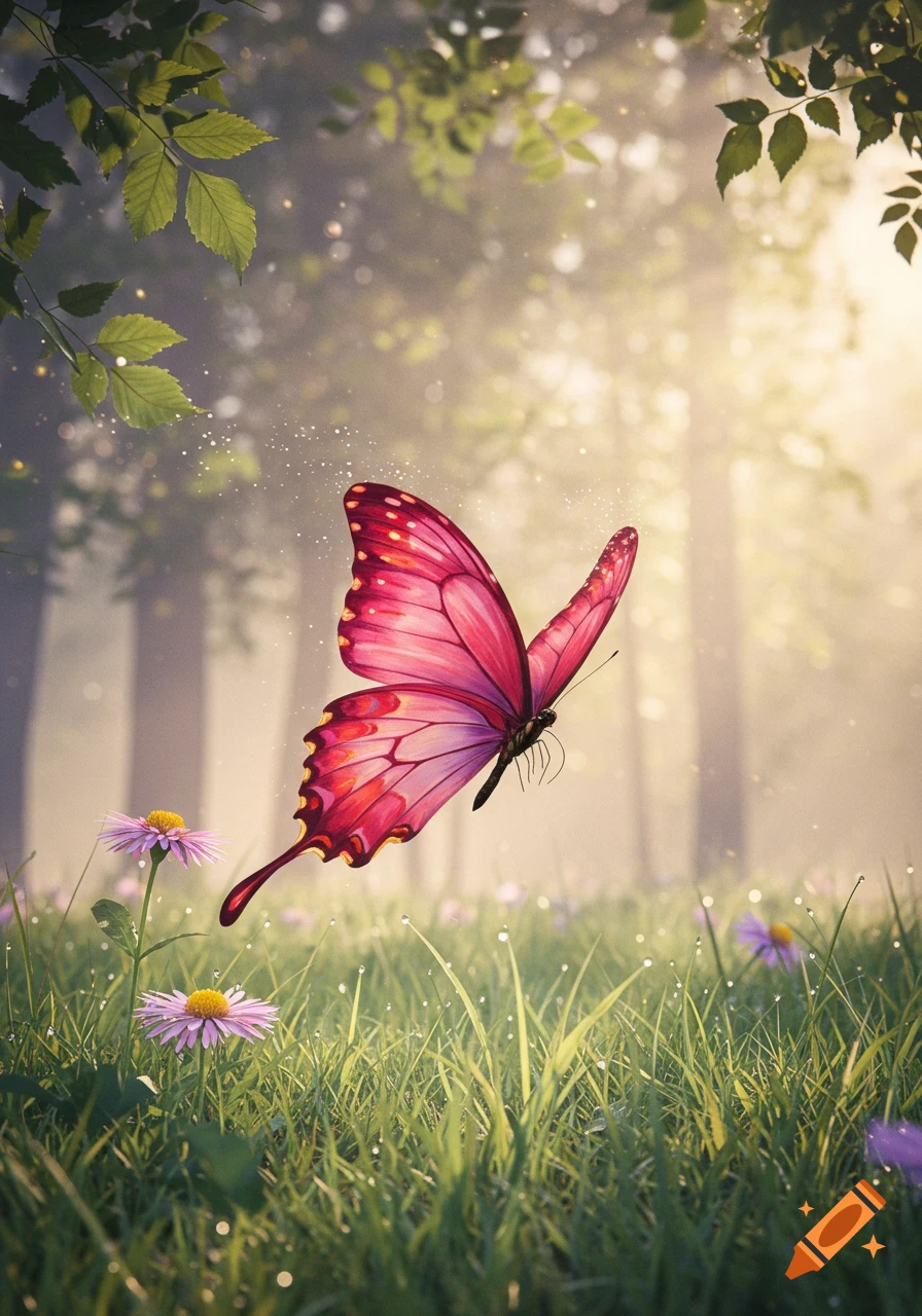A vibrant pink butterfly flutters in a sunlit forest clearing with dewy grass and small purple flowers.