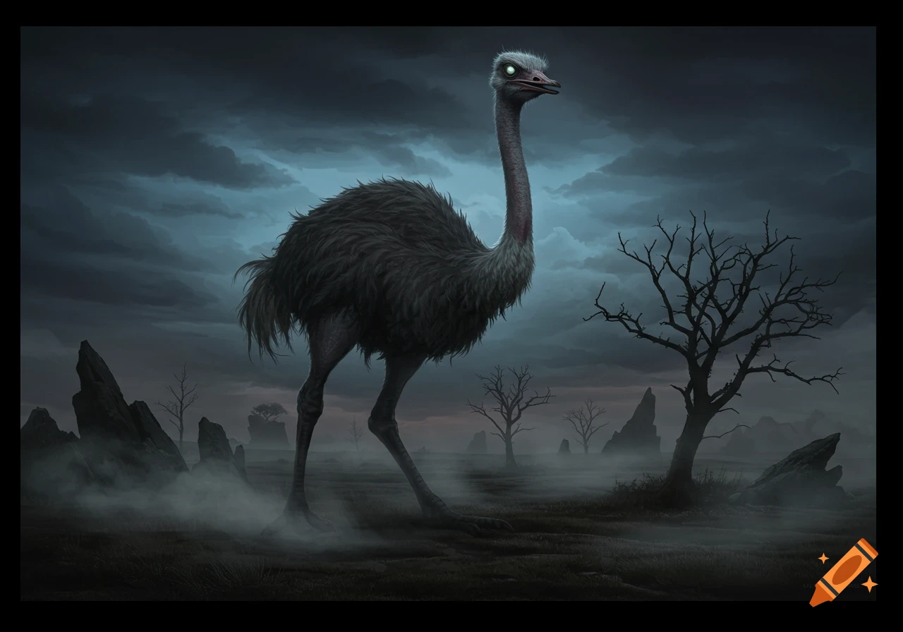 A dark, feathery ostrich with glowing white eyes stands in a misty, desolate landscape under a stormy sky.
