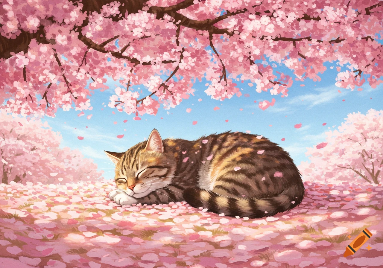A tabby cat sleeps peacefully curled up on a bed of pink cherry blossom petals under a blooming cherry tree with a blue sky.