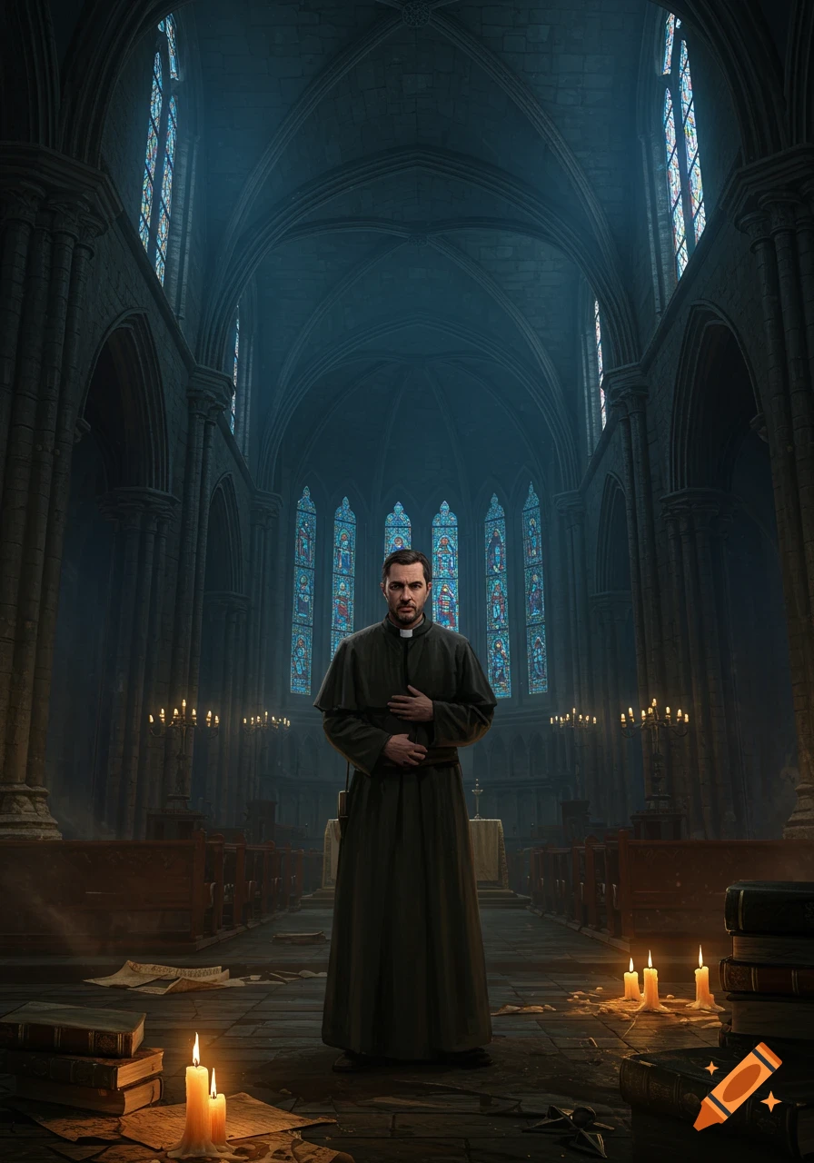 A solemn priest stands in a dark, gothic church with high arched ceilings, stained glass windows, and lit candles.