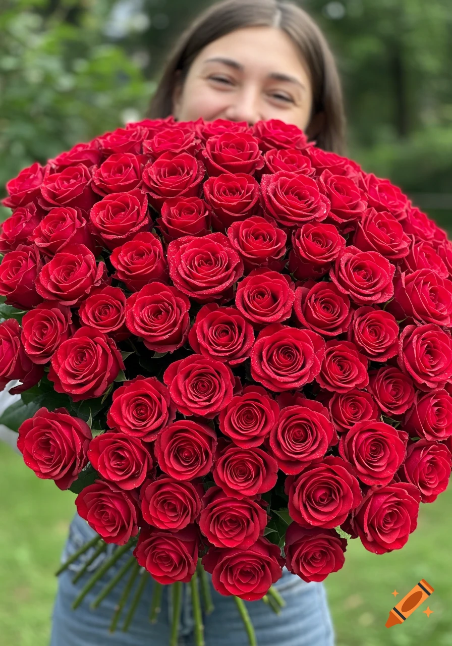 A smiling person holds a large, vibrant bouquet of red roses, detailed with water droplets, in natural outdoor light.