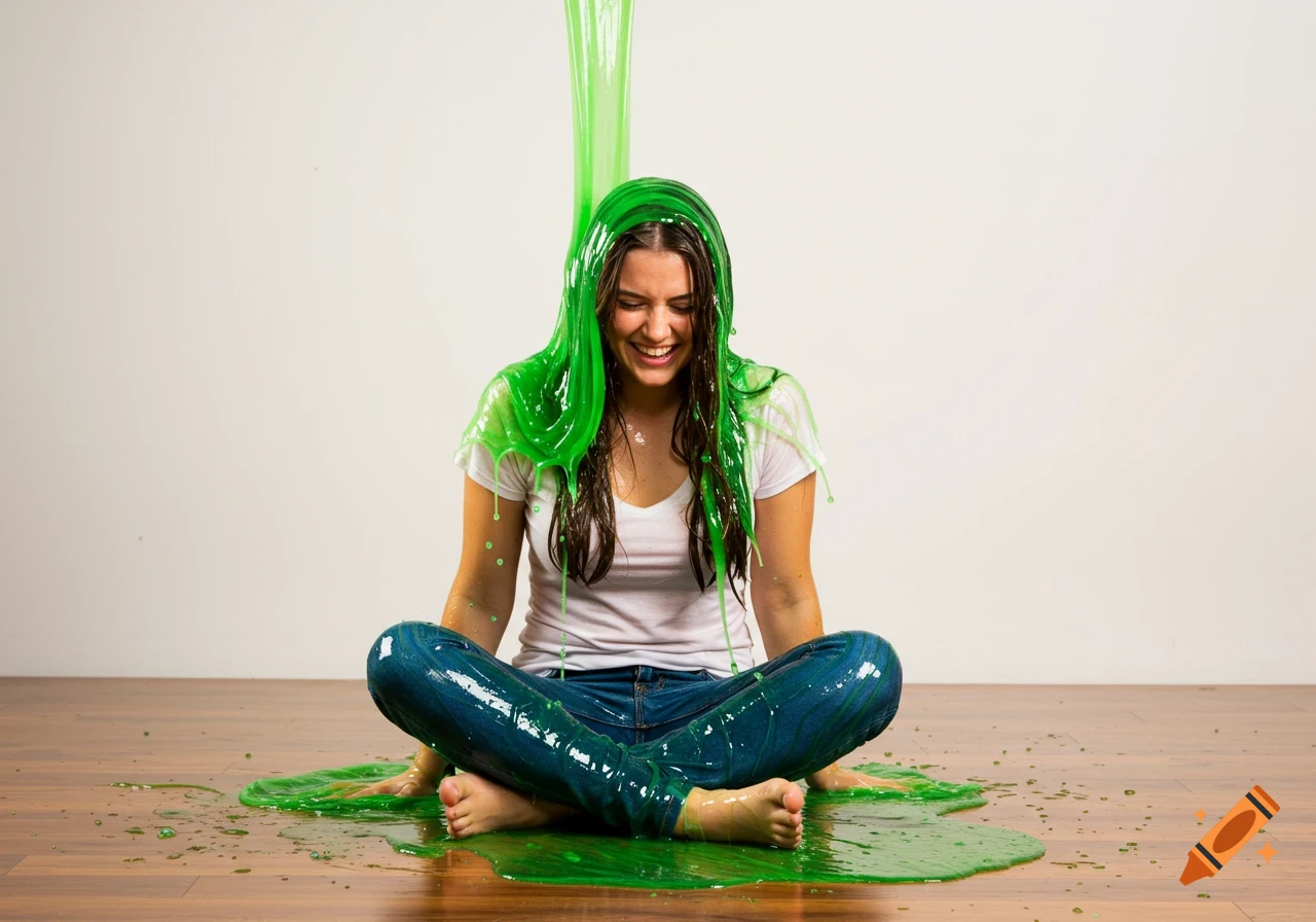 A smiling young woman sits covered in green slime that drips onto the wooden floor around her.