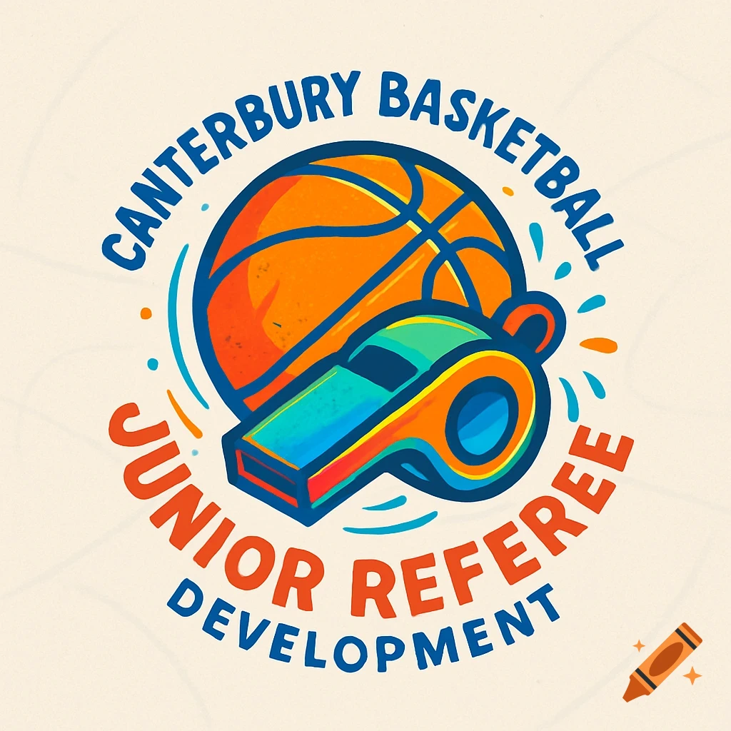 A colorful, stylized logo for Canterbury Basketball Junior Referee Development, featuring an orange basketball and a blue and orange whistle, against a light background.