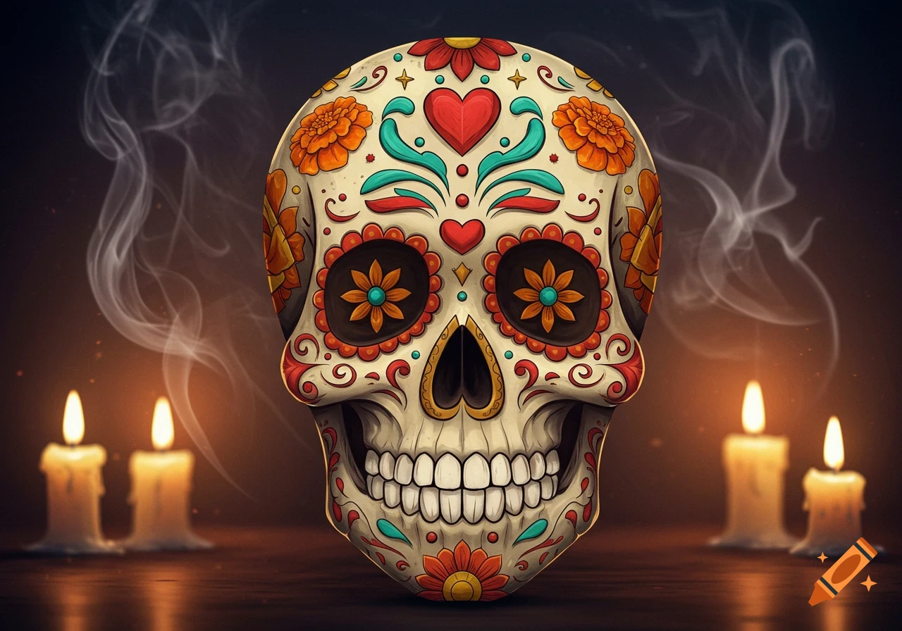A vibrantly decorated Day of the Dead sugar skull with marigold and heart patterns, flanked by lit candles and wisps of smoke in a dark, warm setting.