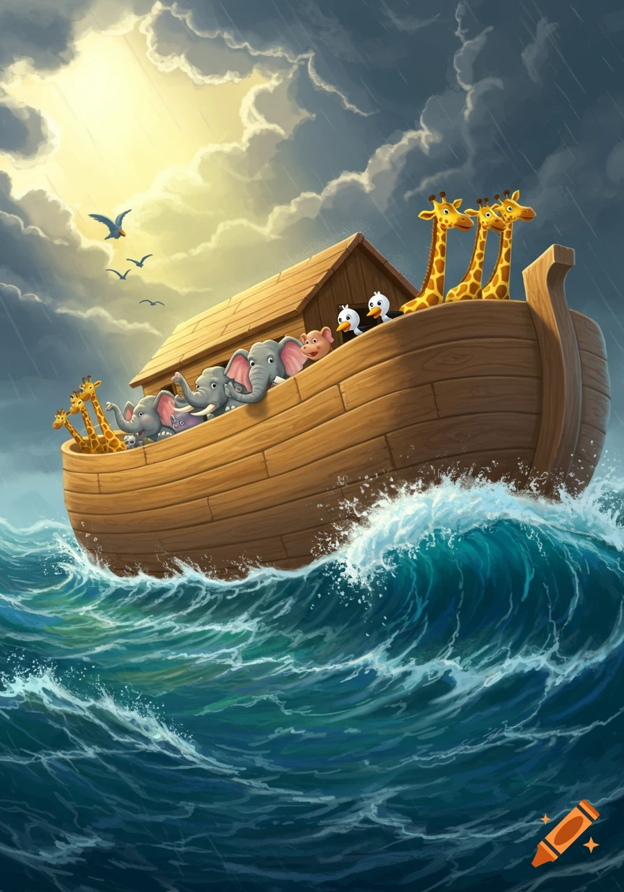 A cartoon Noah's Ark carrying elephants, giraffes, and ducks through a stormy sea with sun breaking through clouds.