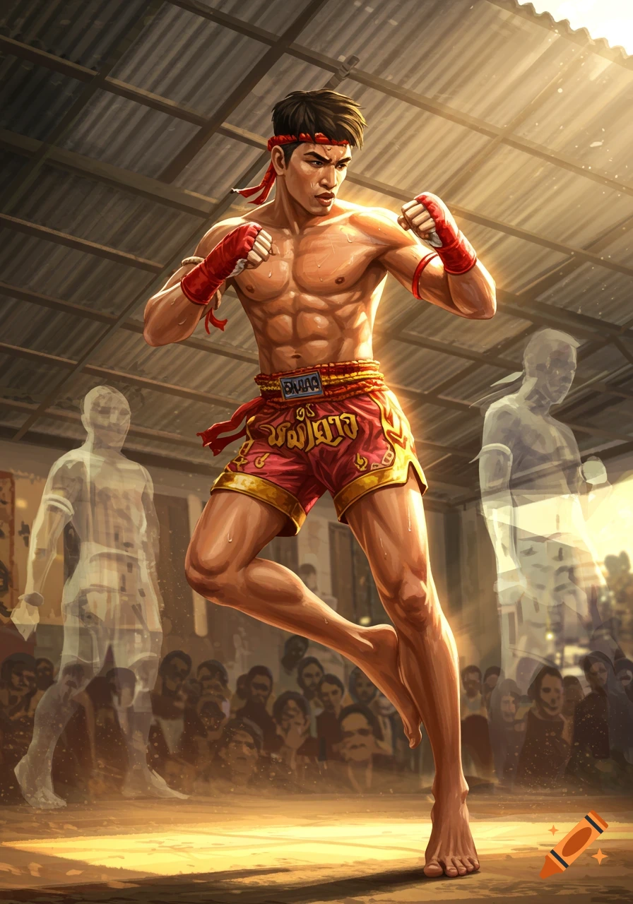 A muscular male Muay Thai fighter in red and gold shorts, gloves, and headband, lunges forward in a stylized illustration with ghostly figures and a crowd in the background.