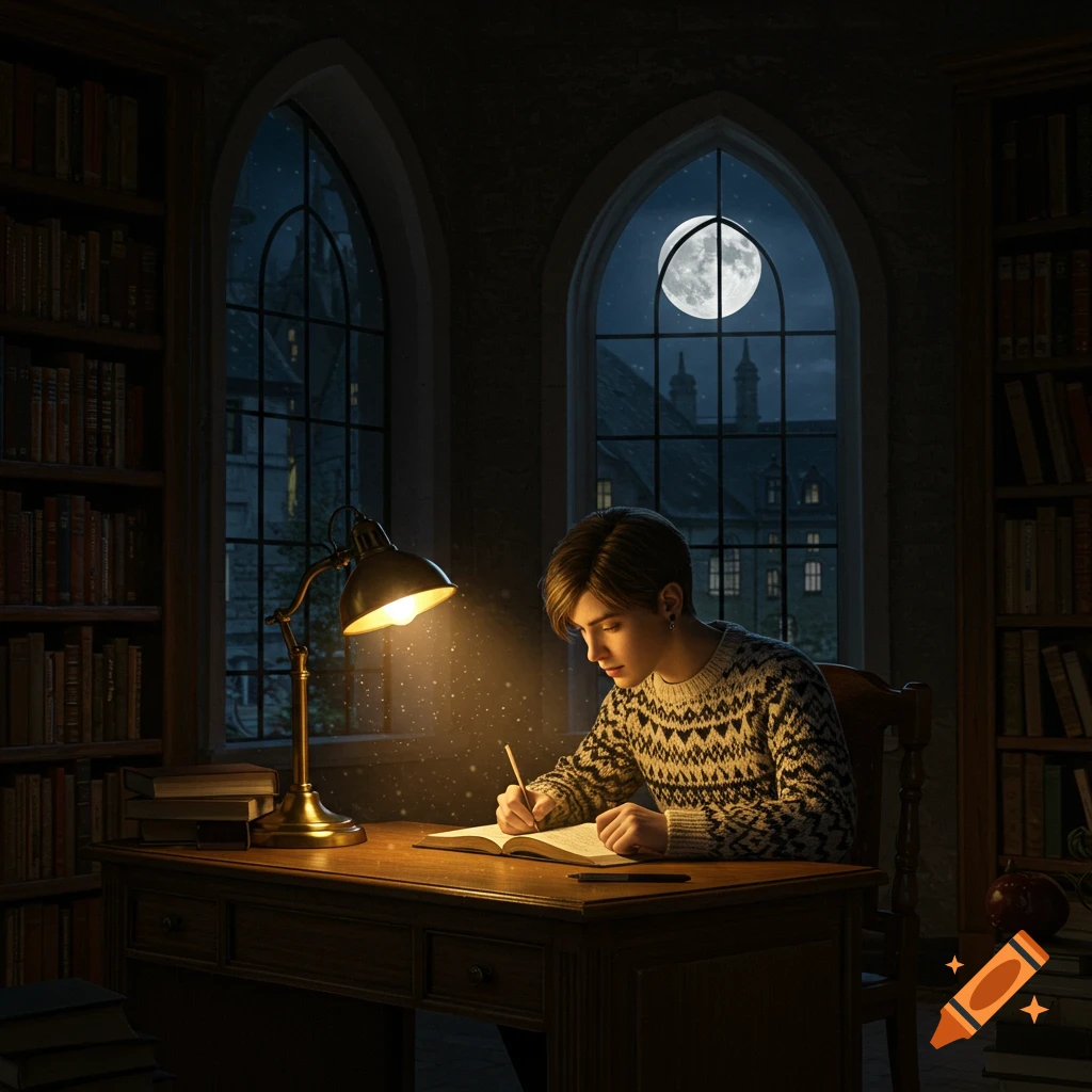 A person writes in a book at a desk under a lamp in a dimly lit gothic library with a full moon visible through the window. Photorealistic.