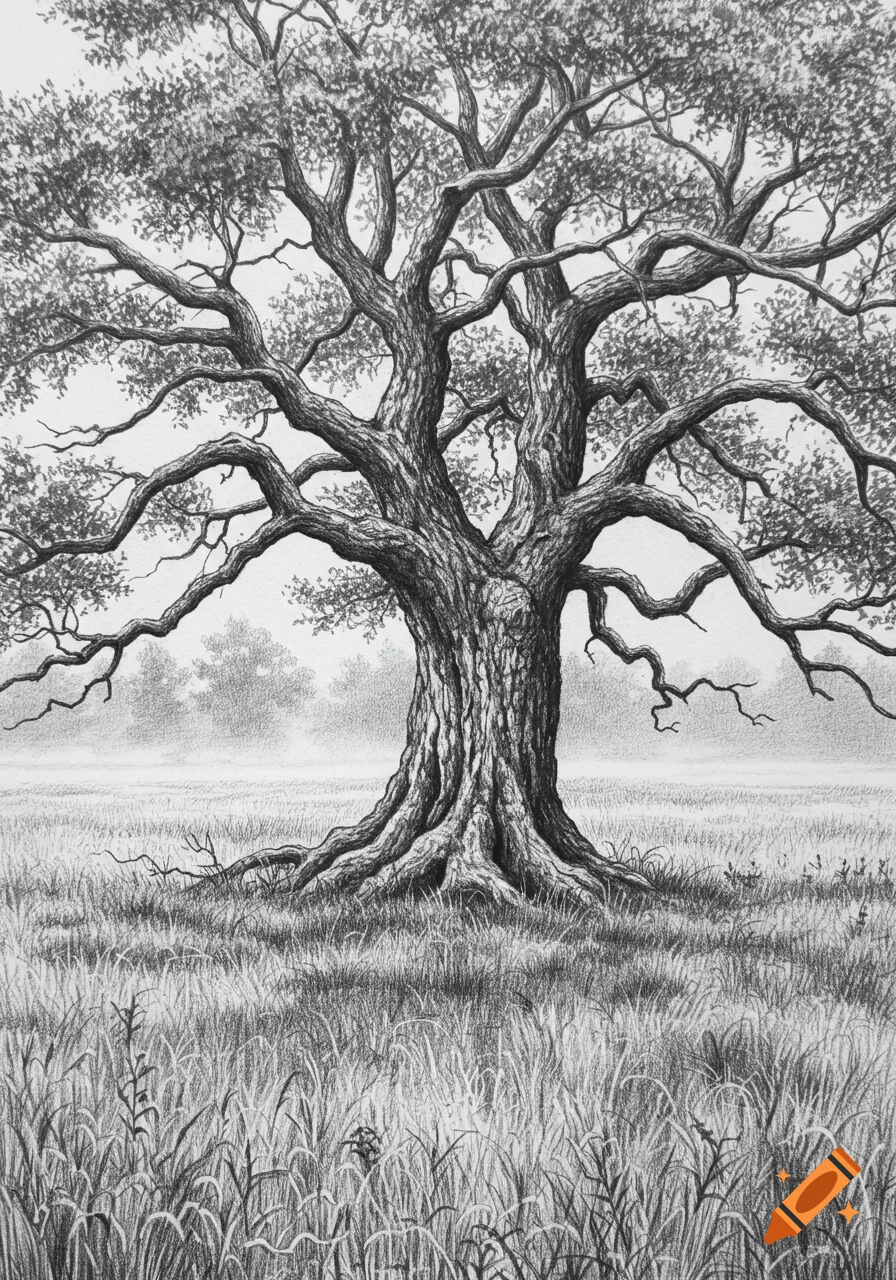 A black and white pencil sketch of a large, gnarled old tree with a full canopy, standing in a misty field of tall grass.