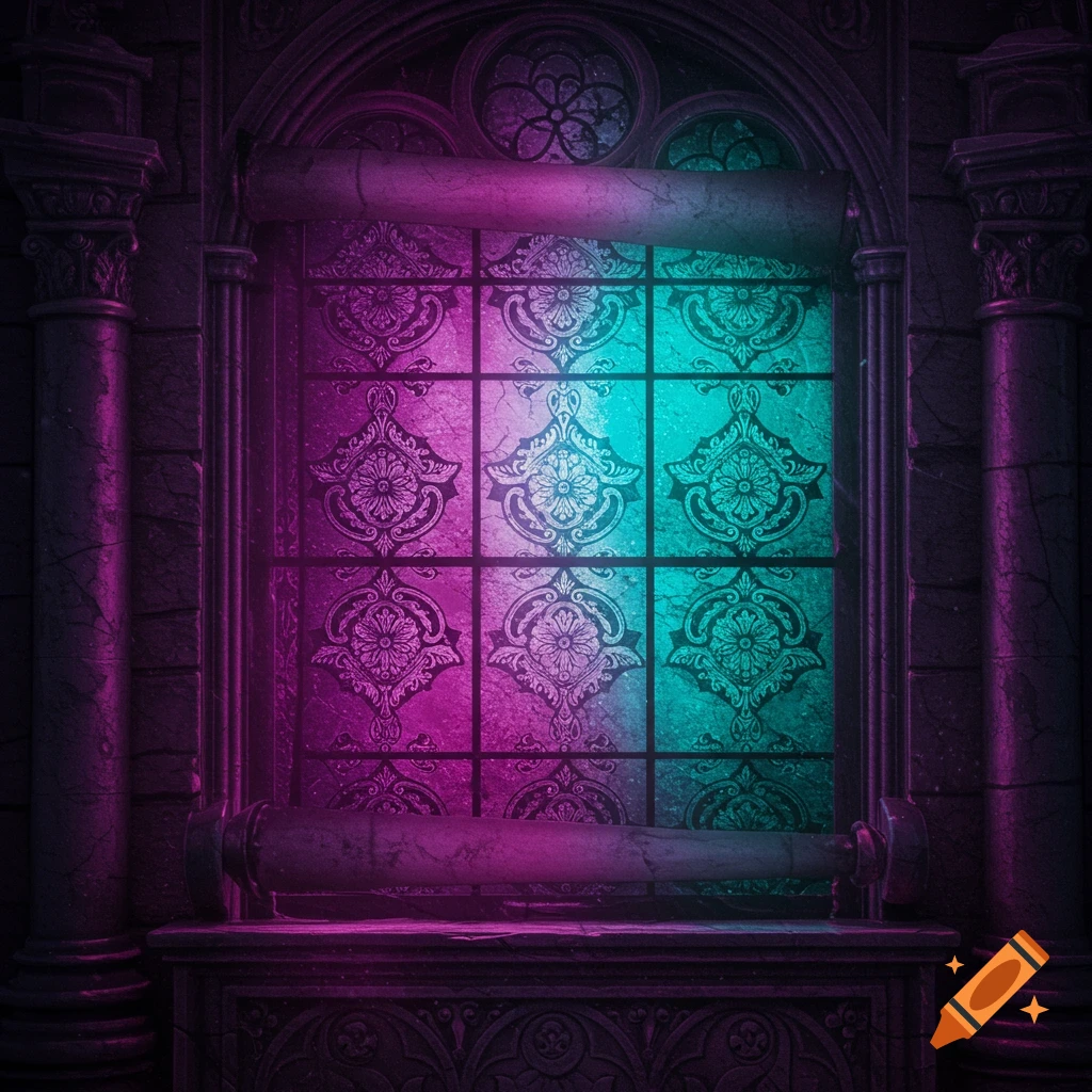 Ornate Gothic window with scroll elements, bathed in vibrant purple and teal light.