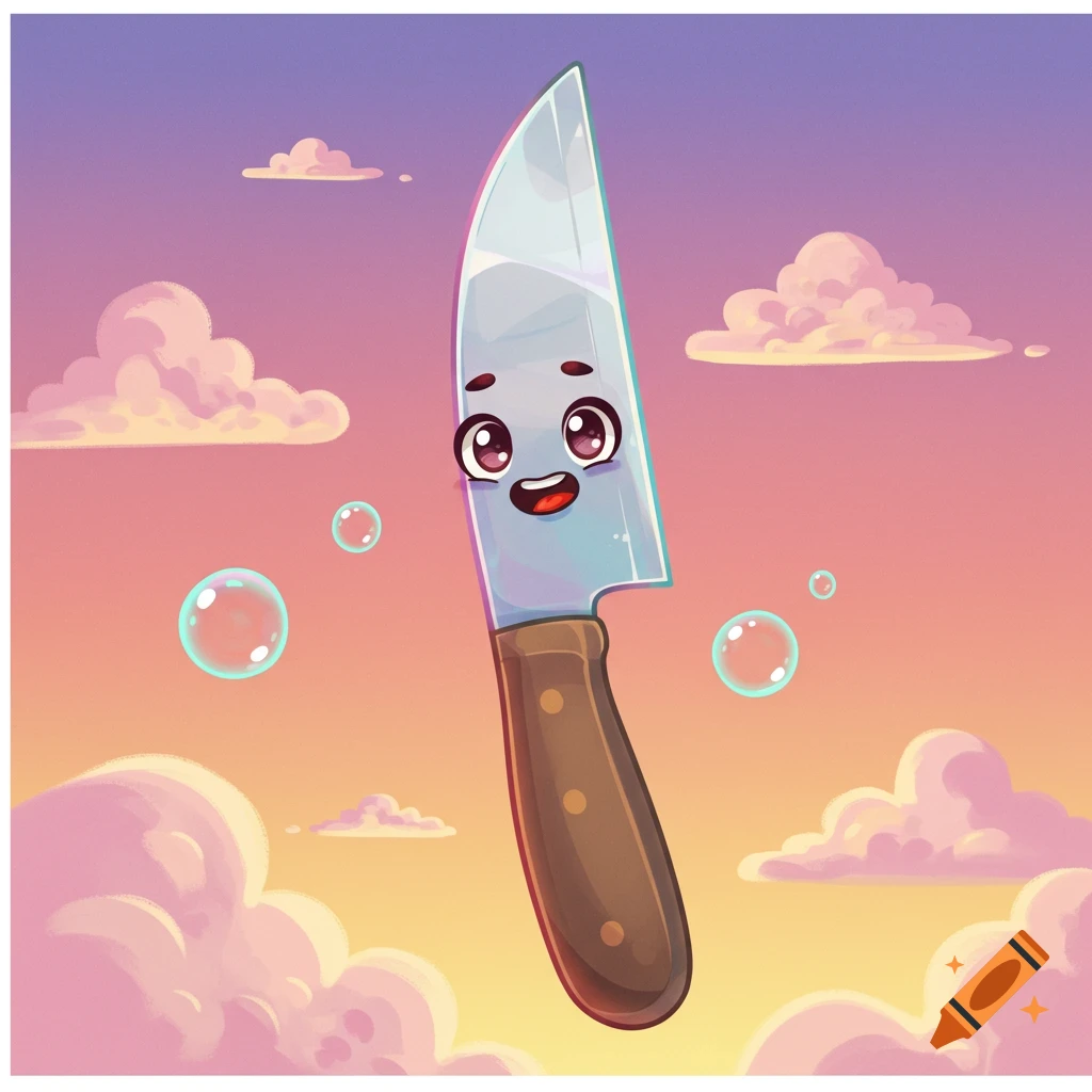 A cute cartoon knife with a smiling face and big eyes floats in a pastel pink and purple sky with white clouds and bubbles.