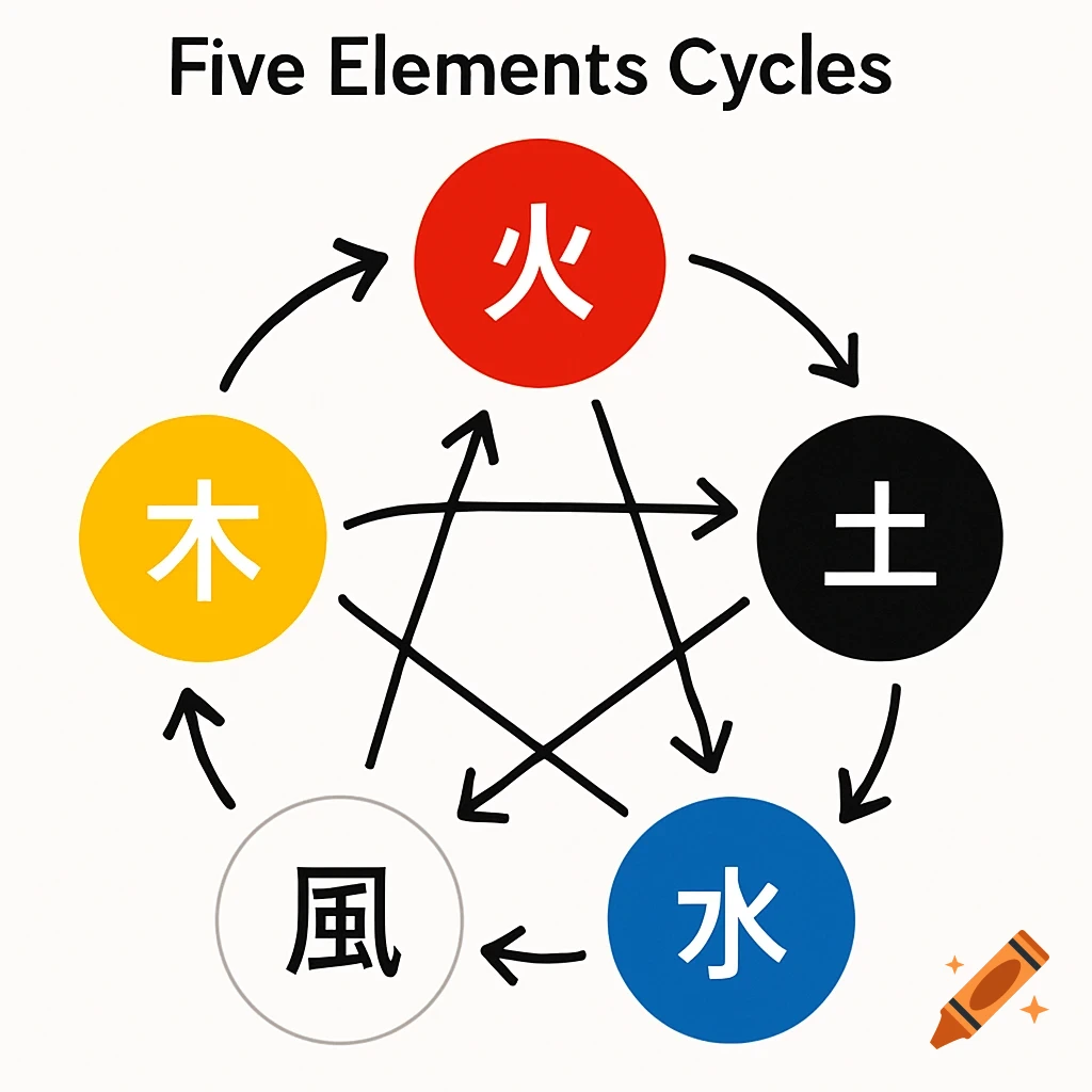 A diagram titled "Five Elements Cycles" showing five colored circles connected by arrows. Red represents Fire (火), black is Earth (土), blue is Water (水), yellow is Wood (木), and white/grey is Wind (風).