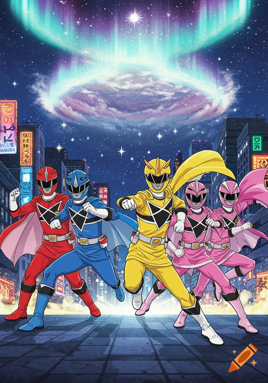 Five Super Sentai-style heroes in red, blue, yellow, and pink posing on a city street at night under a vibrant aurora borealis sky.