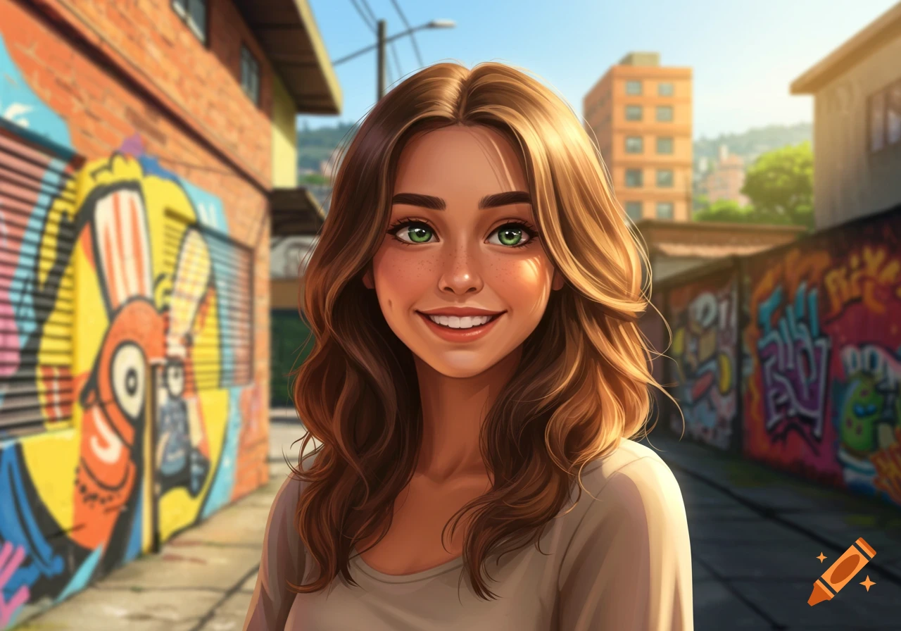 Smiling illustrated woman with brown hair and green eyes in front of colorful street art.