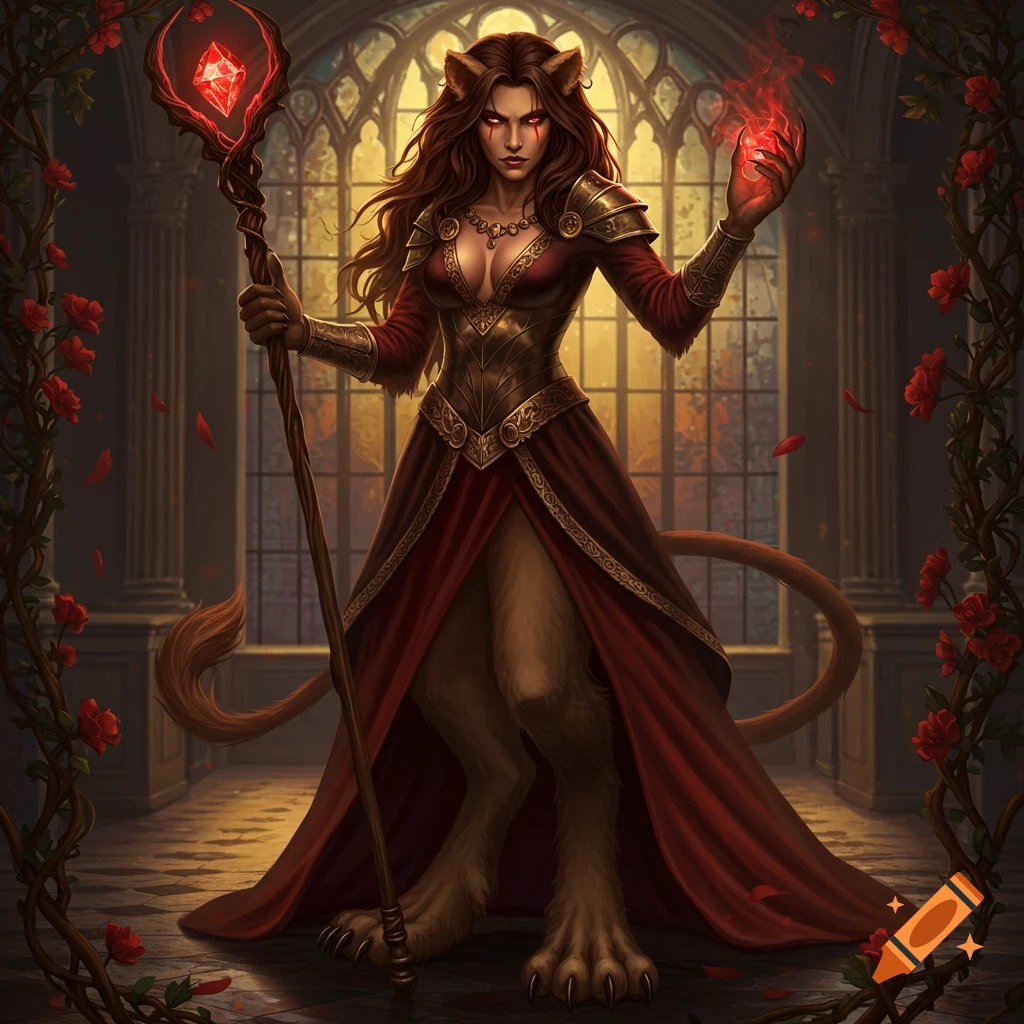 A formidable lioness woman in a dark red gown and armor, holding a ruby staff, stands in a gothic hall with rose vines.