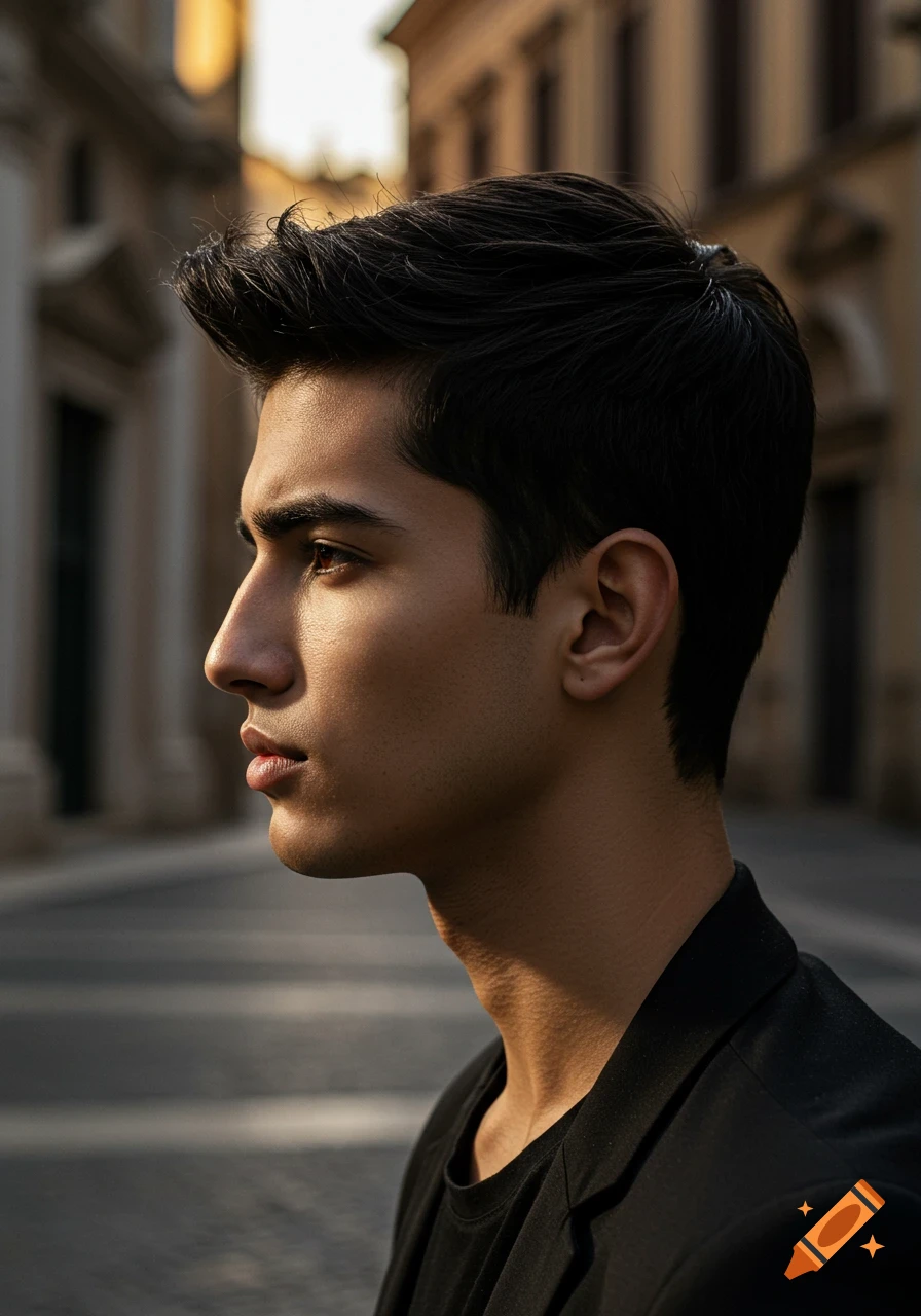 Photorealistic profile portrait of a young man with dark hair, looking left, with sunlight illuminating his face in an urban setting.
